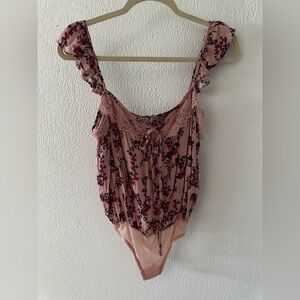 Free People Pink Floral Lace Blouse tank bodysuit